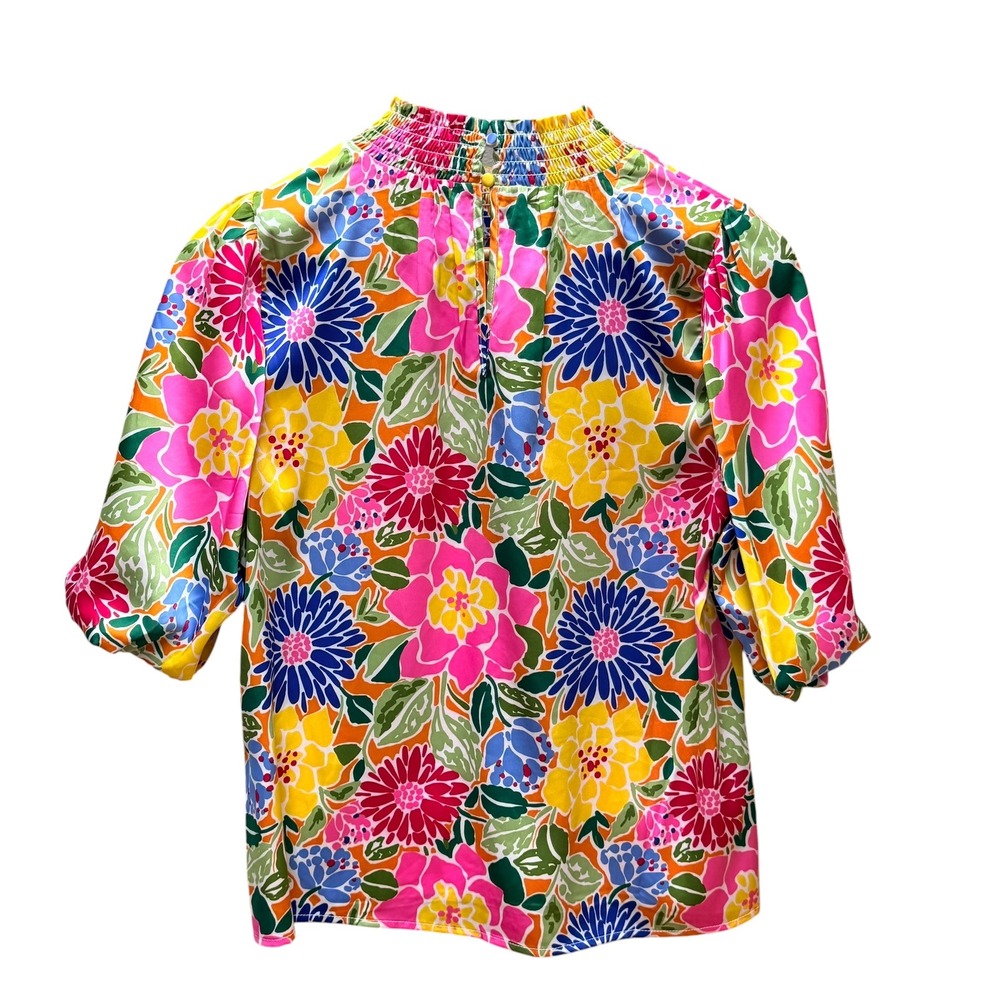 THML Blouse Women Small Multicolor Floral Smocked Mock Neck Puff Sleeve Coquette - Picture 3 of 6